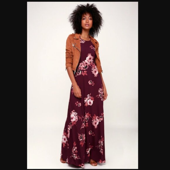 Lulu's Rancho Burgundy Floral Print Lace-Up Maxi Dress Women's Size S - Picture 4 of 14